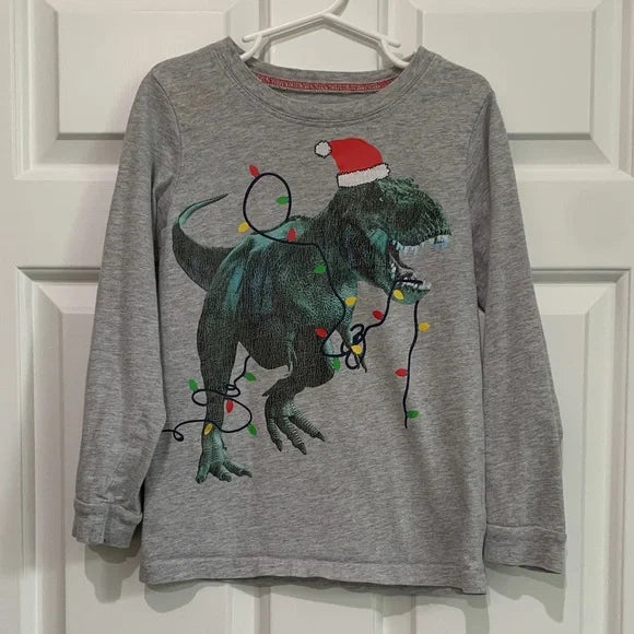 #181 - Gray Dinosaur Christmas Kids Shirt - Size 6