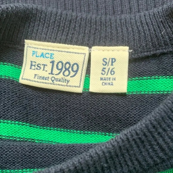 #181 - The Children's Place Boys Navy Sweater with Green Stripes - Small 5/6