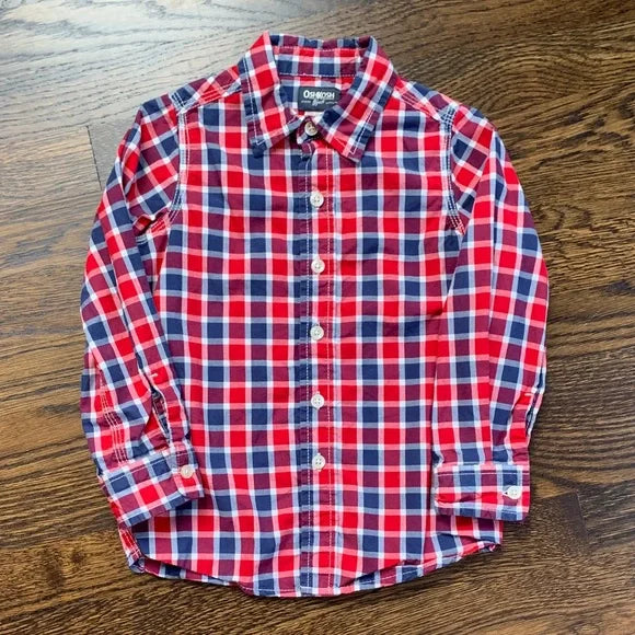 #91 - OshKosh B'gosh Kids Blue and Red Plaid Button Down Shirt - Size 5 Boy