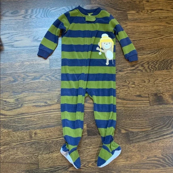 #91 - Carter's Striped Blue and Green Footed Fleece Pajamas PJs - 24mo