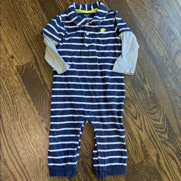 #91 - Carter's Striped Navy and Gray Baby Romper - 18m
