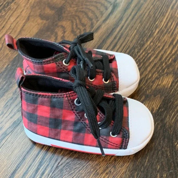 #91 - Plaid Red and Black Baby Soft Soled Sneakers - Baby Size 3