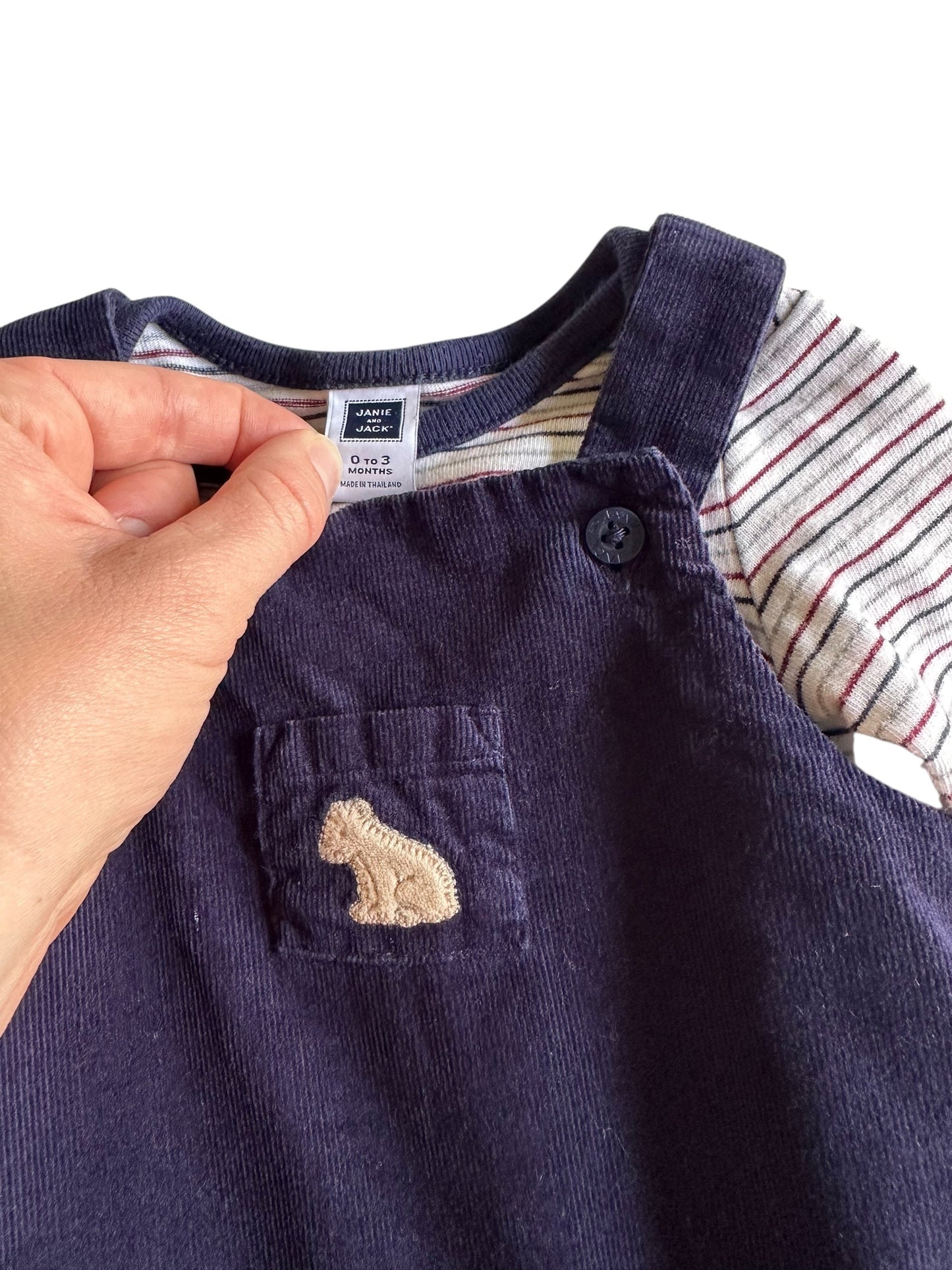 #93 Janie and Jack Navy Overalls and Striped Bodysuit Boys 0-3M