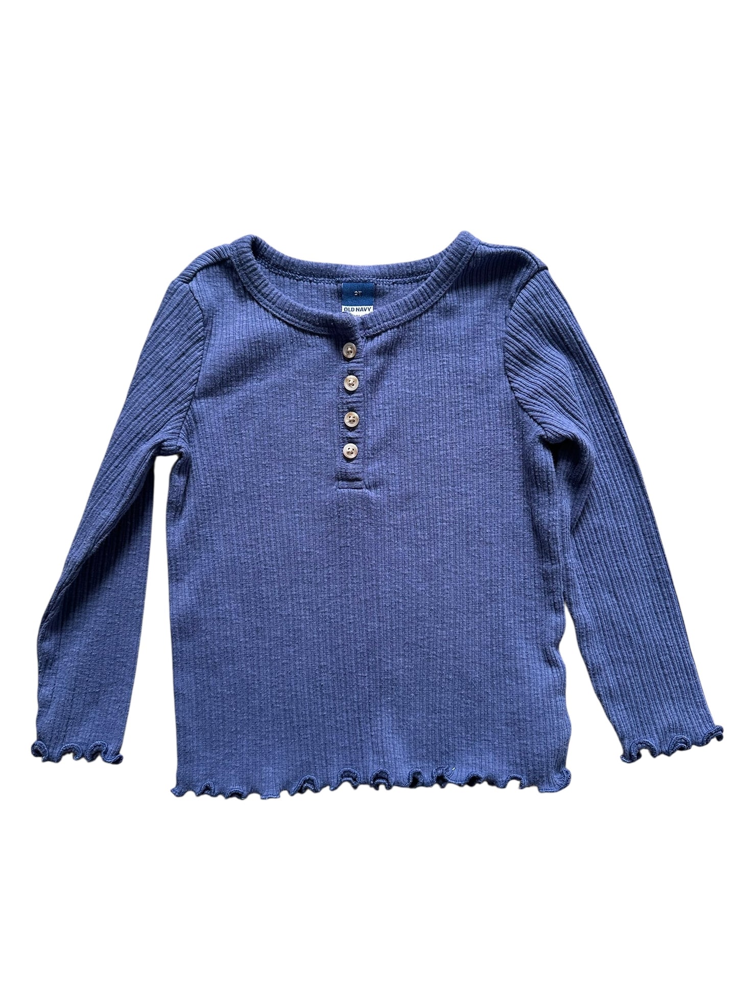 #93 Old Navy Blue Ribbed Ruffle Henley Girls 2T