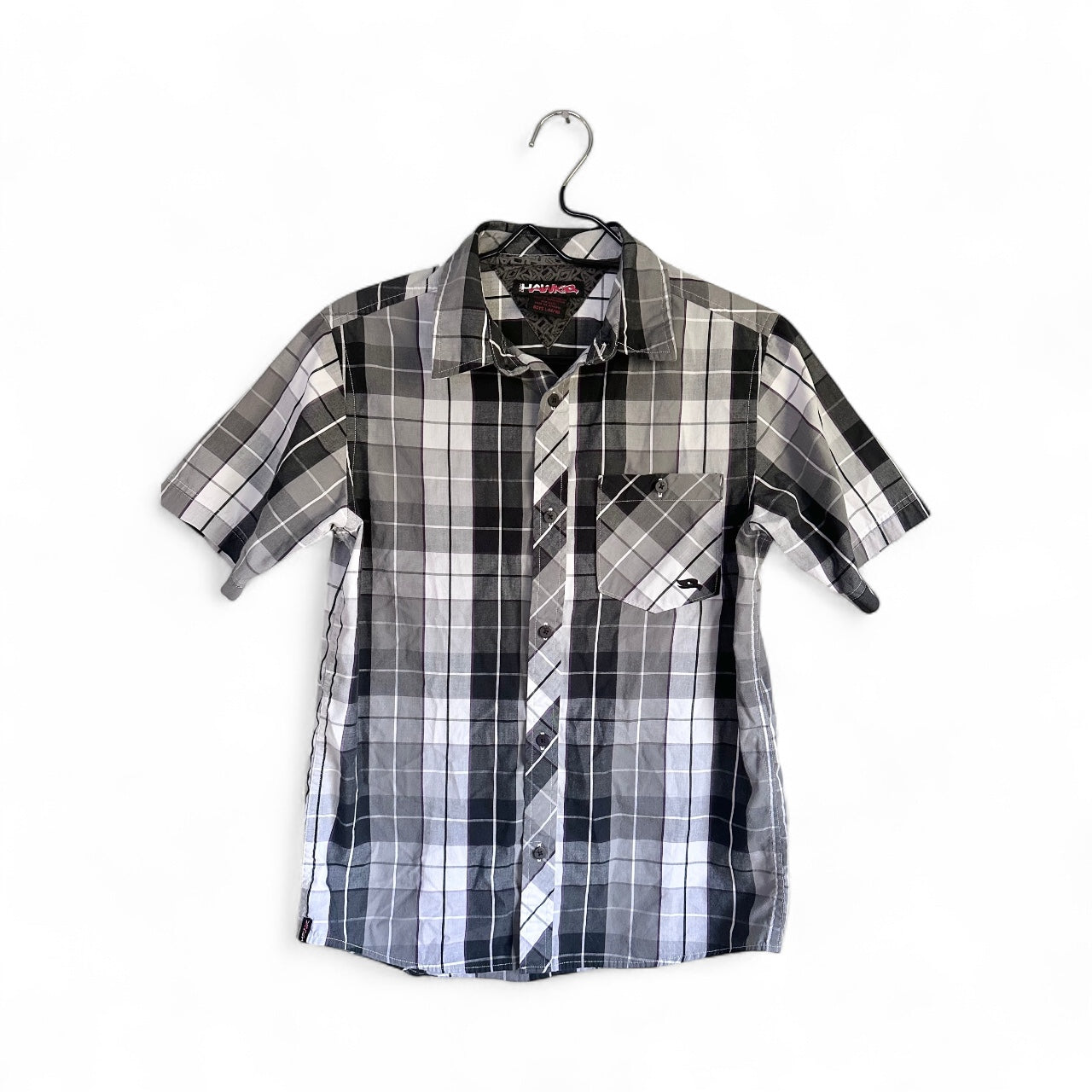 #77 EUC Black/White Plaid Button-Up, Boys 14/16