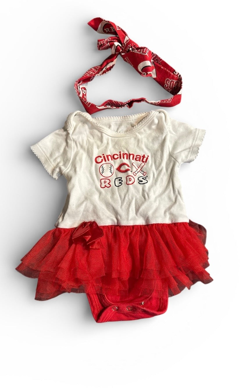 #190 Cincinnati Reds Onesie Dress and Headband Set Size 6-9M