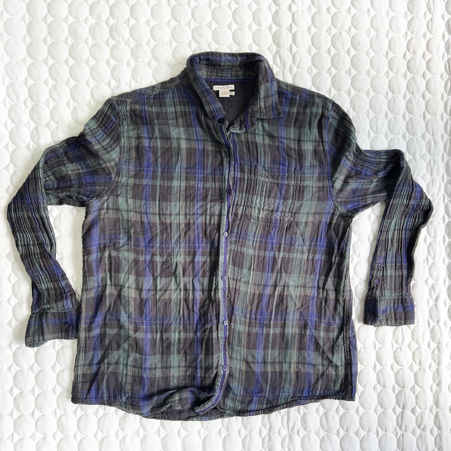 #66 Men’s XL Carbon2Cobalt deep green/blue plaid button-down shirt, very lightweight/thin 100% cotton material, VGUC.