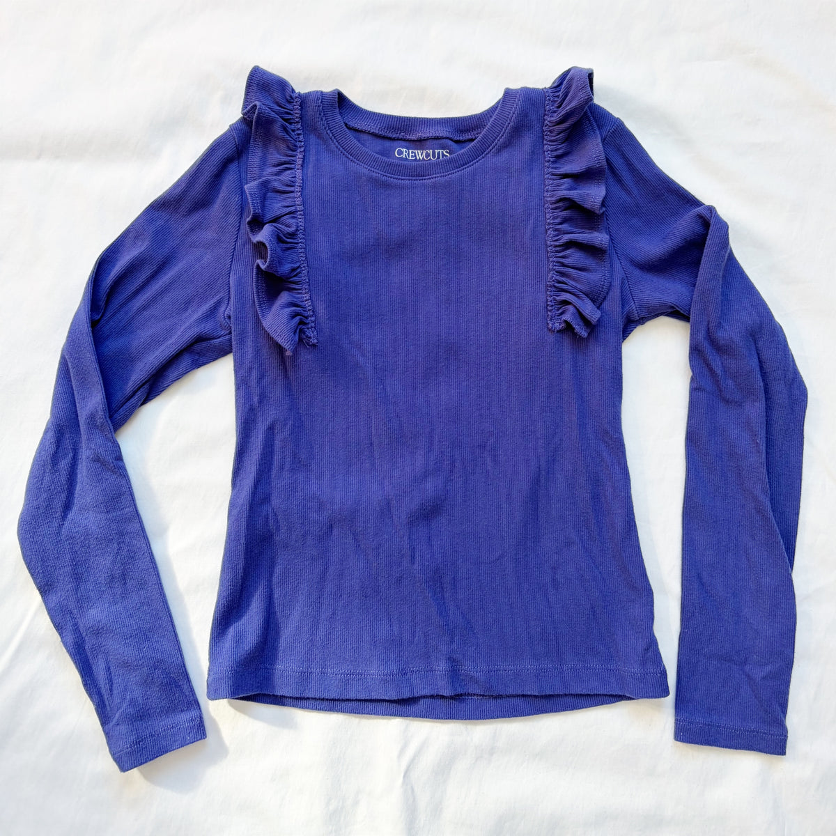 #78 Crewcuts Long Sleeve T-Shirt Purple with ruffle shoulder Girls M 8-9