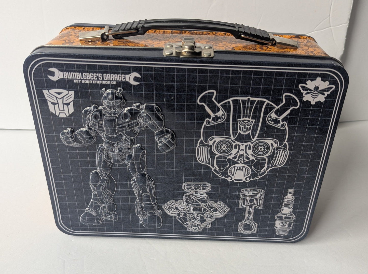 #17 Transformers Bumblebee's Garage Blue Print Design metal lunch box, VGUC