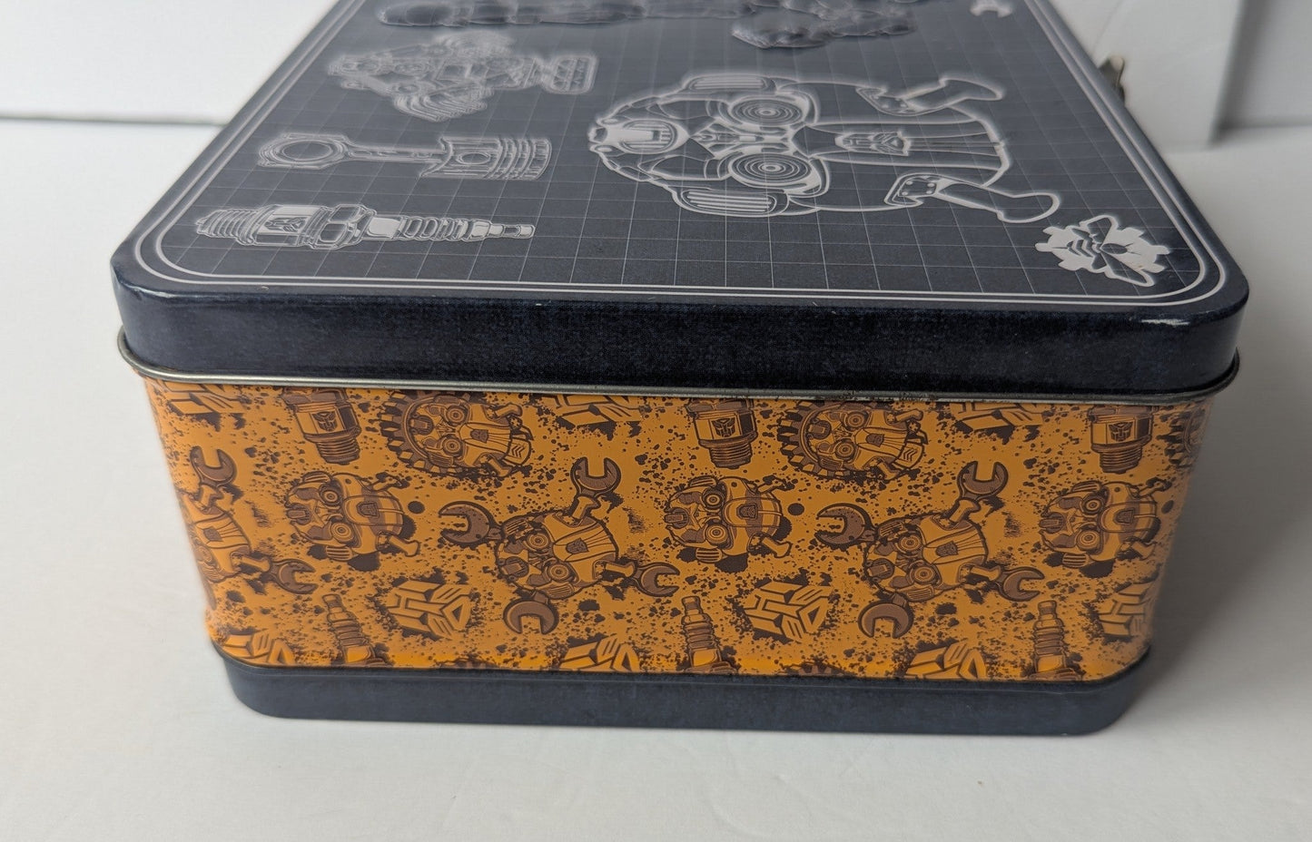 #17 Transformers Bumblebee's Garage Blue Print Design metal lunch box, VGUC