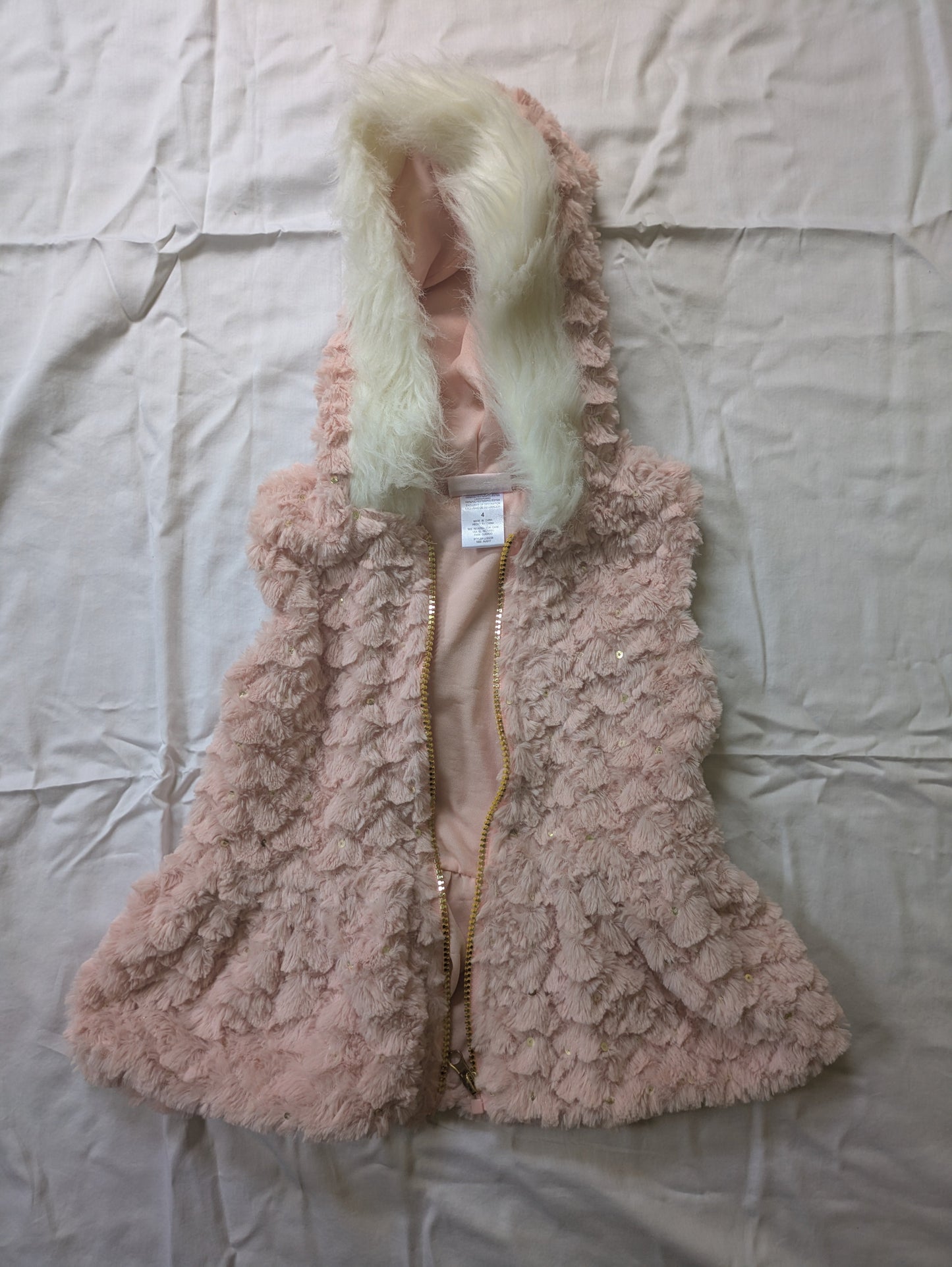 #52 REDUCED PRICE Little Lass Size 4 Pink Sparkle Fur Zip-up Vest with Hood