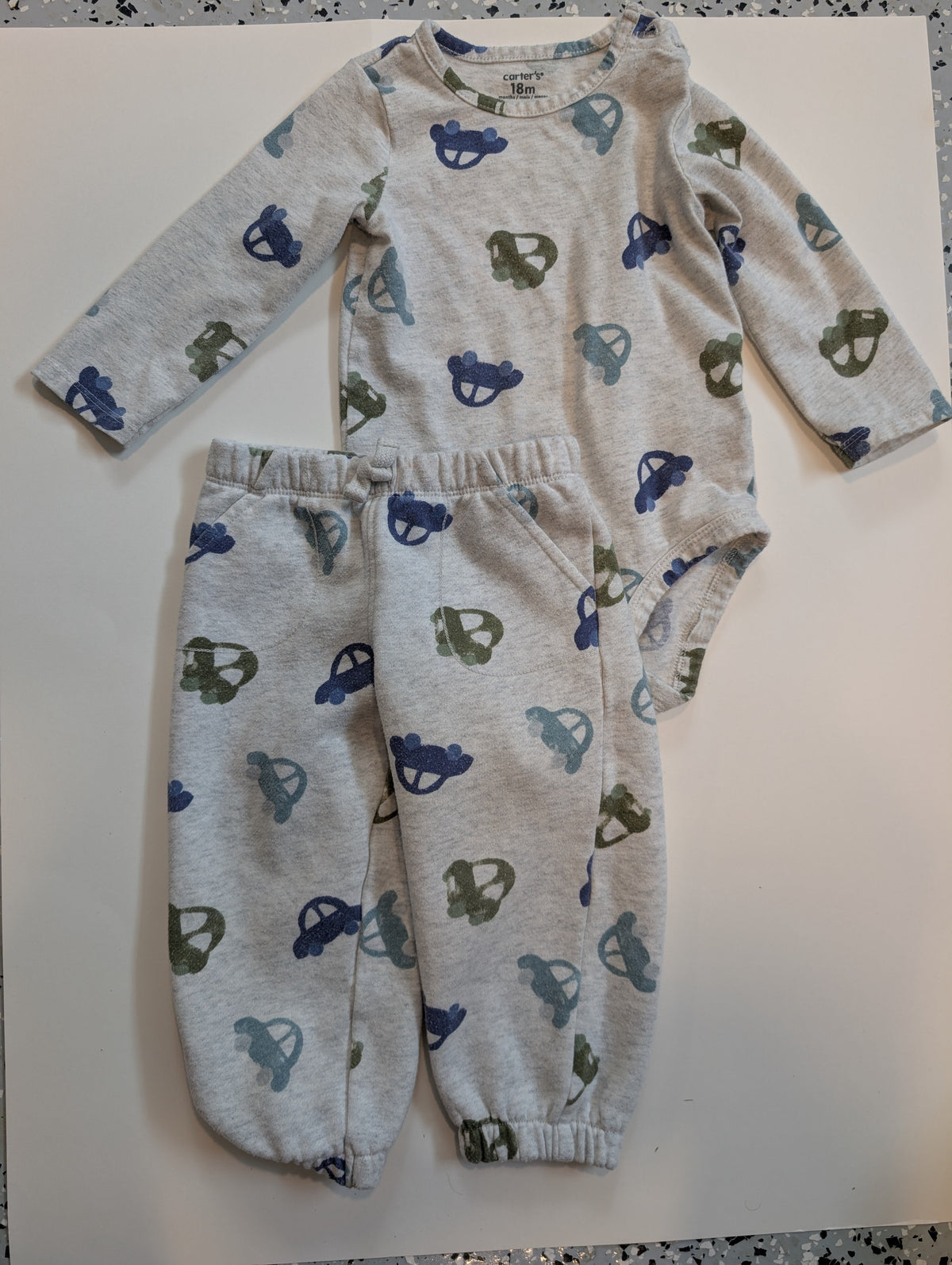 #11 Carter's car onesie and pant set, 18 month boy