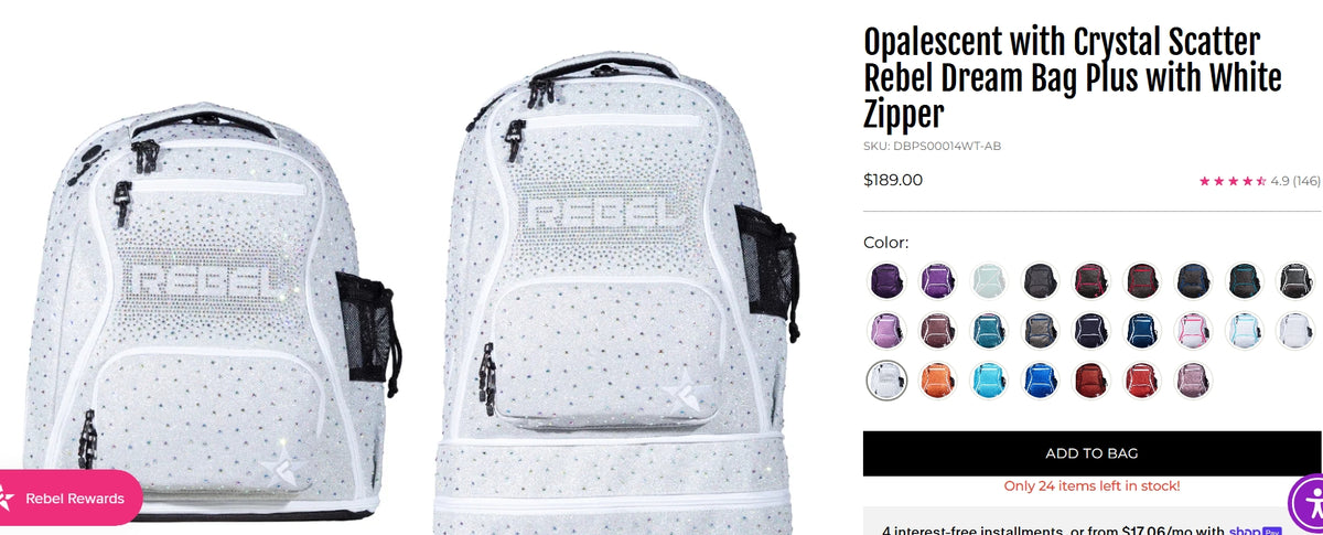 Seller 189: Rebel Dream Plus Cheer Backpack with luggage hanger
