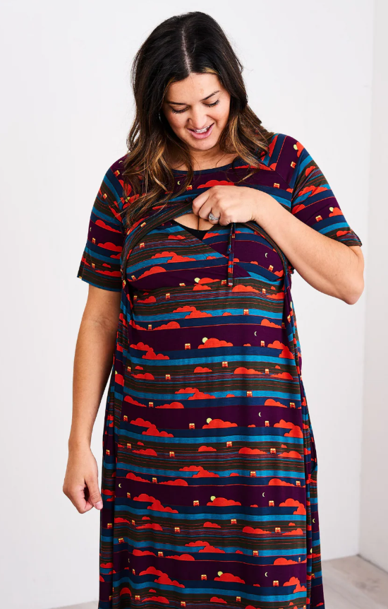 Seller 189 Women's XL Latched Mama Navy Drawstring Midi Nursing Dress EUC
