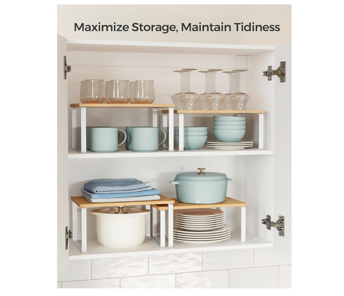 #113 Kitchen Cabinet Organizing Shelves, Beige and White, set of 4