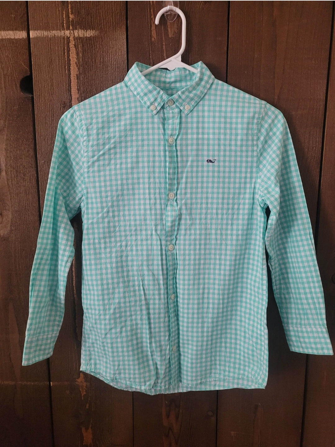 #71 Vineyard Vines Boy's Green Gingham Button-Up Size S (8-10)