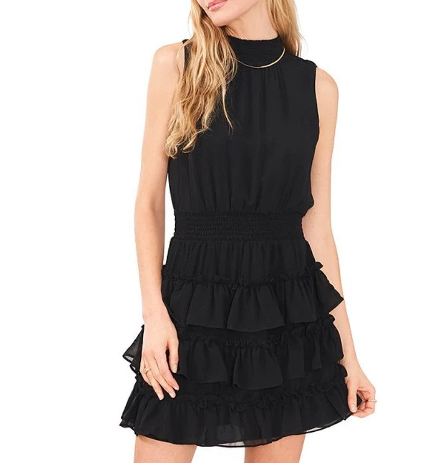 #101 NWT Smocked Mock Neck Sleeveless Ruffle Tiered Mini Dress Women Size XS