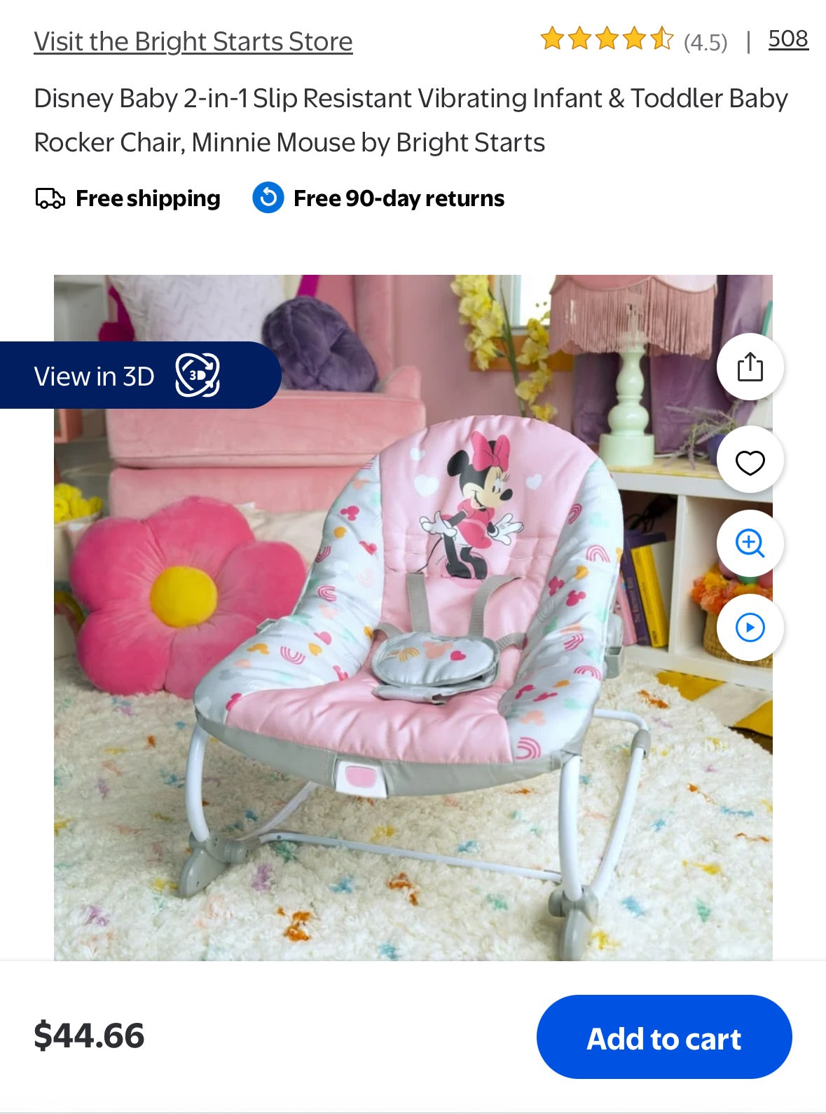 #84 Minnie Mouse Disney baby 2-in-1 Slip Resistant Vibrating Infant & Toddler Baby Rocker Chair by Bright Stars. NIB (reduced)