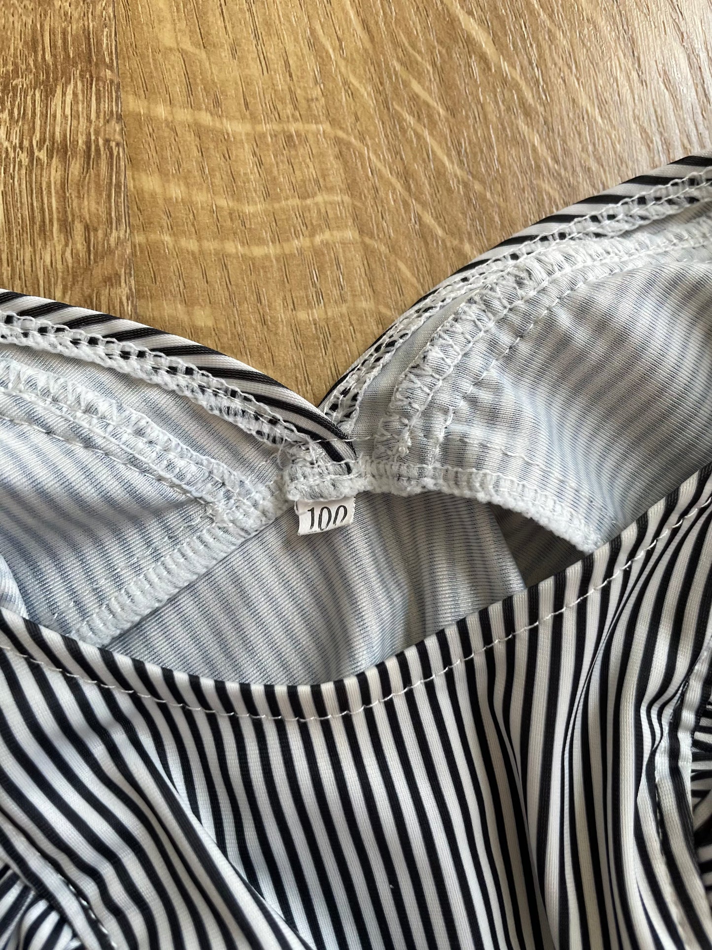 #6 - Girl's 1 Piece Ruffles Swim Suit, Black and White Striped, 18-24 months