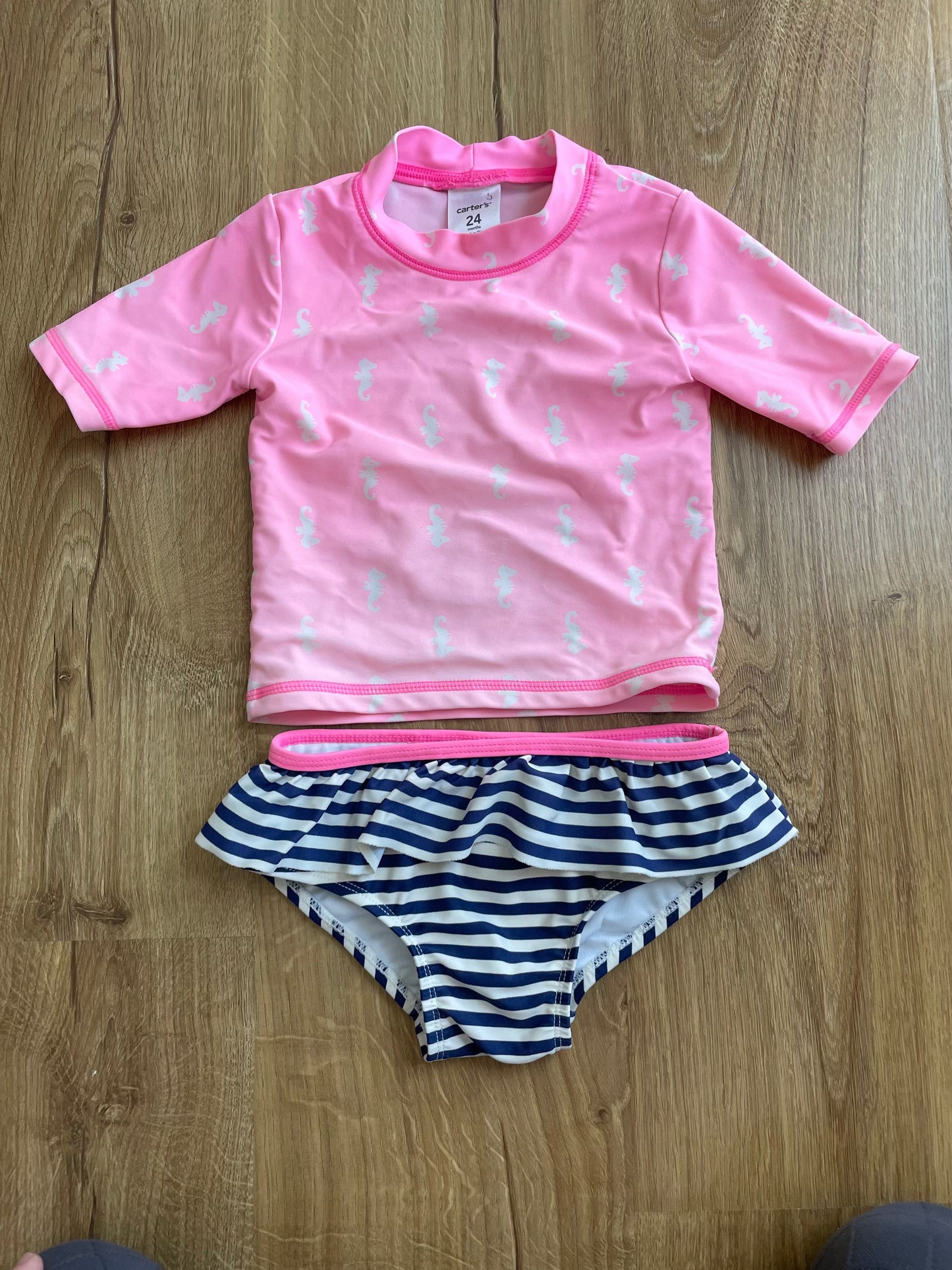 #6 - Carter's Girl's 2-Piece Bathing Suit - Pink and Navy with Seahorse design