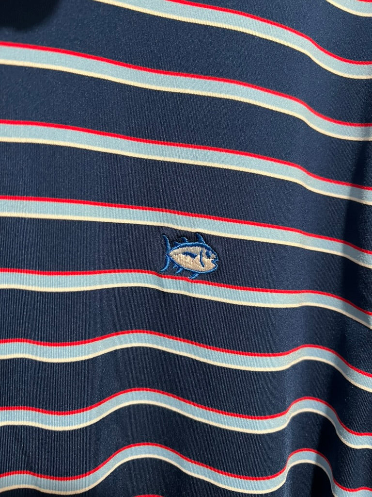 Seller #76 - Southern Tide Men's Polo - Blue W/ Red and White Stripes - Size Medium