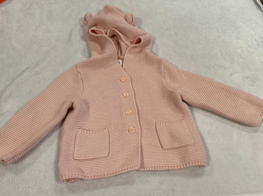 #75B Girls 12-18 months baby Gap pink waffle hooded cardigan with bear ears