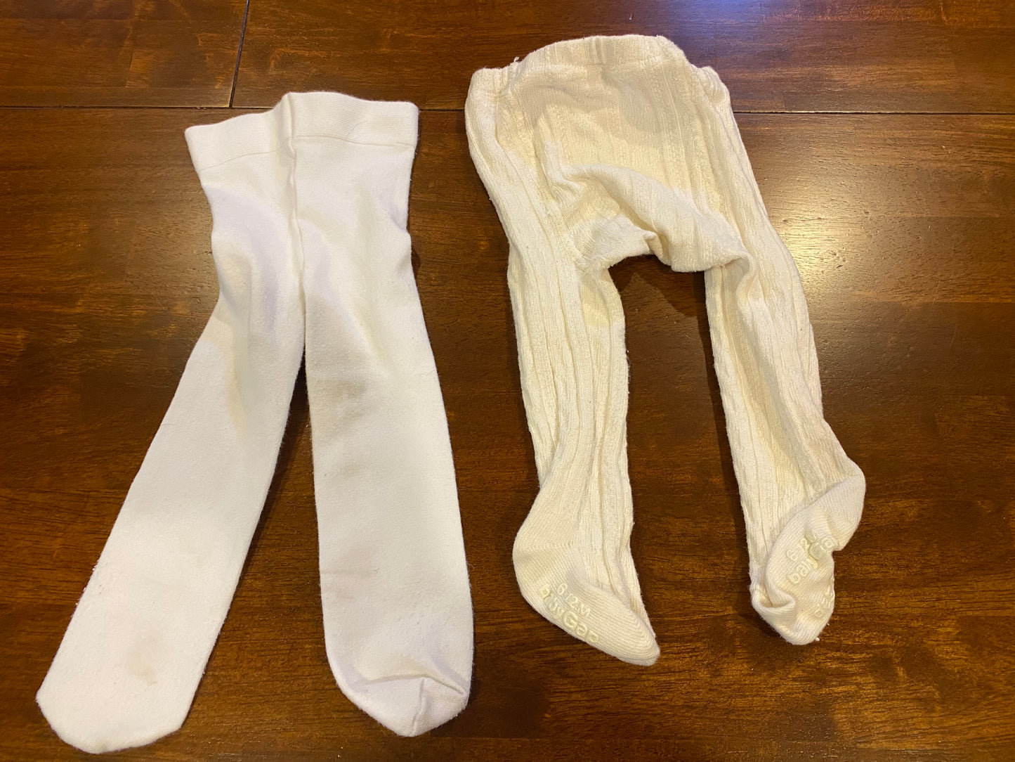 77A Girl's 6-12mo Off White Tights (2)-1 cable knit (Gap), 1 regular