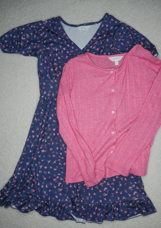 #31 Girls' Navy Dress with Matching Pink Cardigan, Size 10