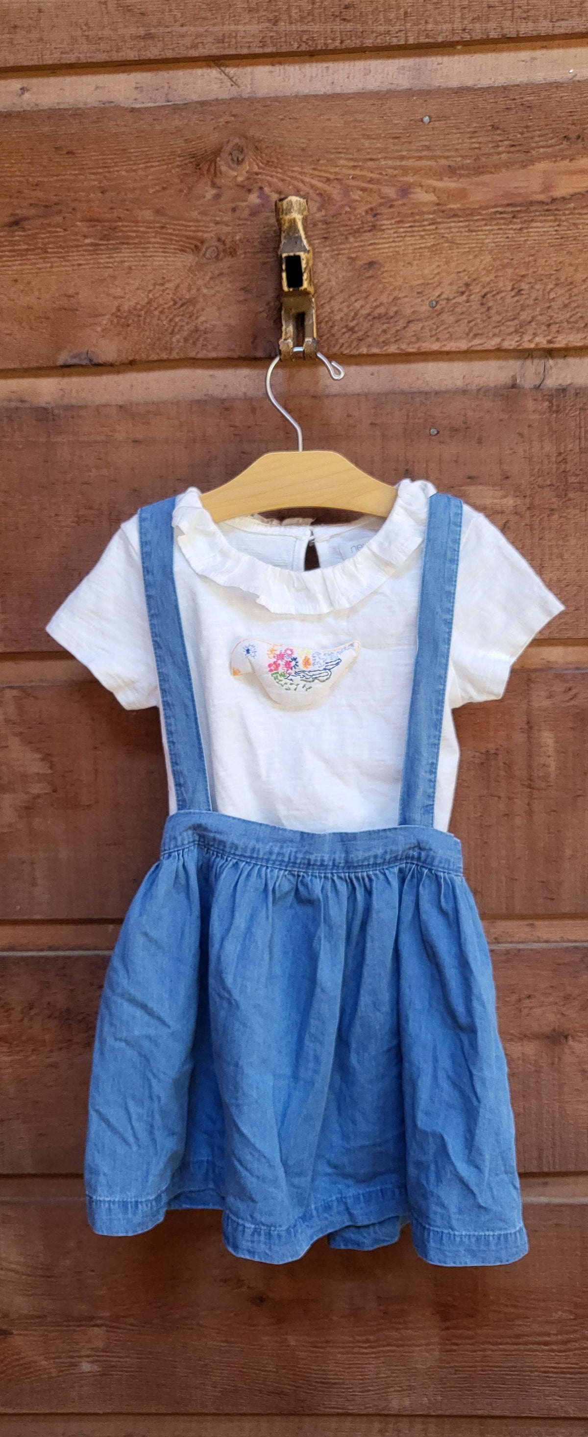 #109. Size 3. NWT Little Bird by Jools Oliver (UK) 2-Piece Denim Pinafore & Embroidered Bird Top Set