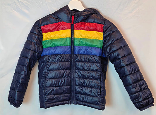 #112 - Primary Striped Puffer Coat, Size 8-9, EUC