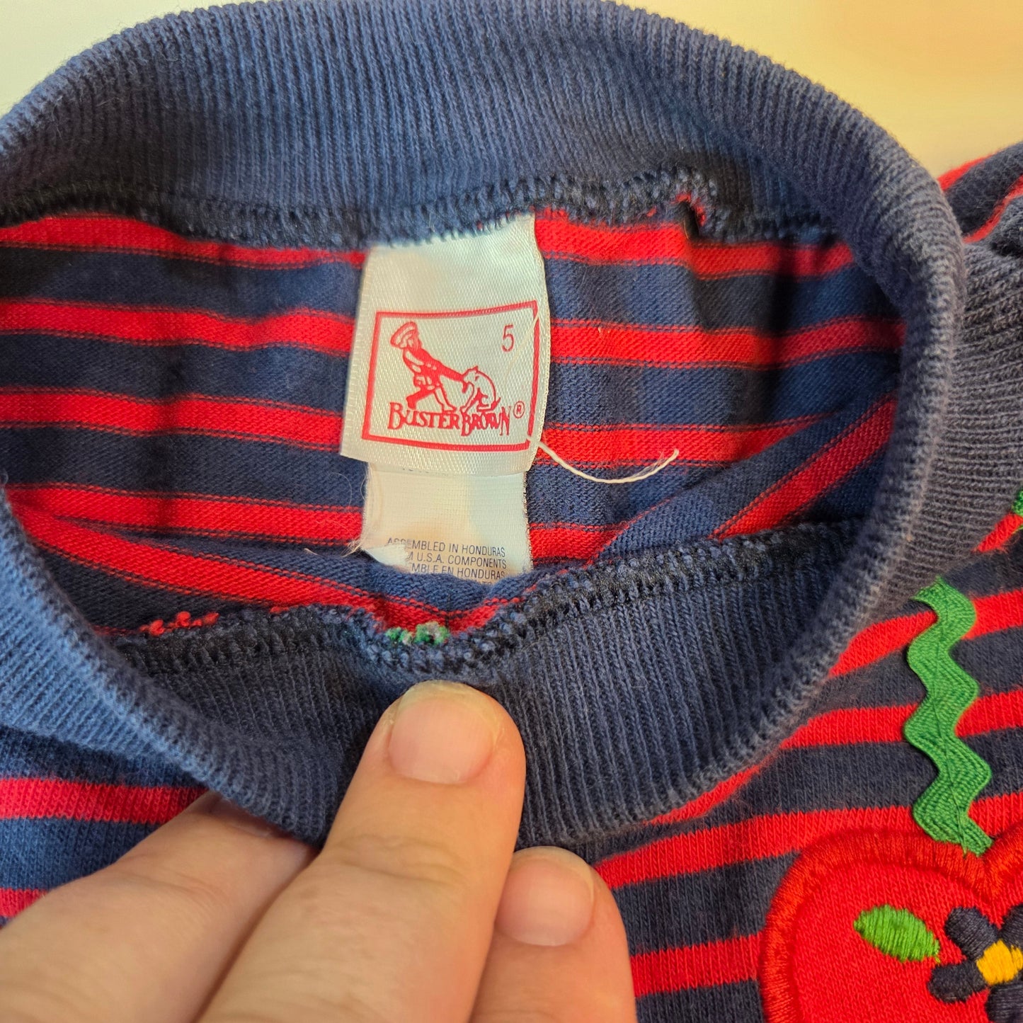 #112 - Vintage - Navy and Red Striped Buster Brown Dress, Girls Size 5