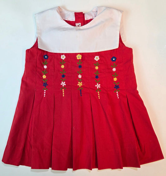 #112 -  Vintage (Brand Sweetie's) Red Pleated Dress with floral embroidery, Size 3, VGUC