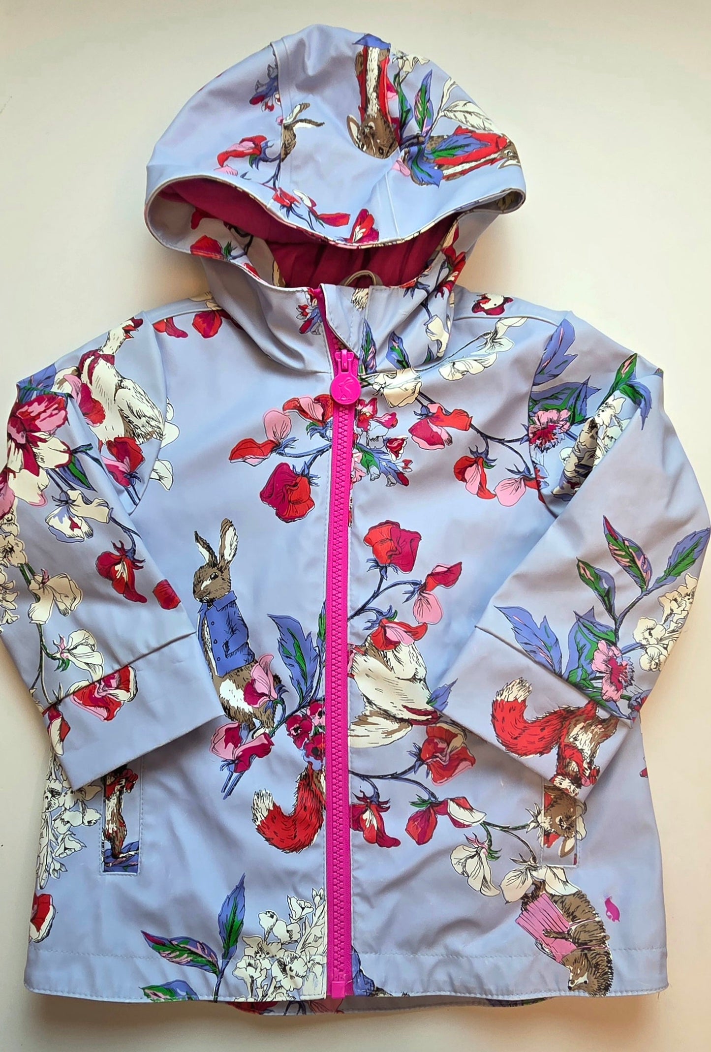 #152 - Joules "Right As Rain" Raincoat, Rabbits with Pink Zipper, Girls Size 2Y
