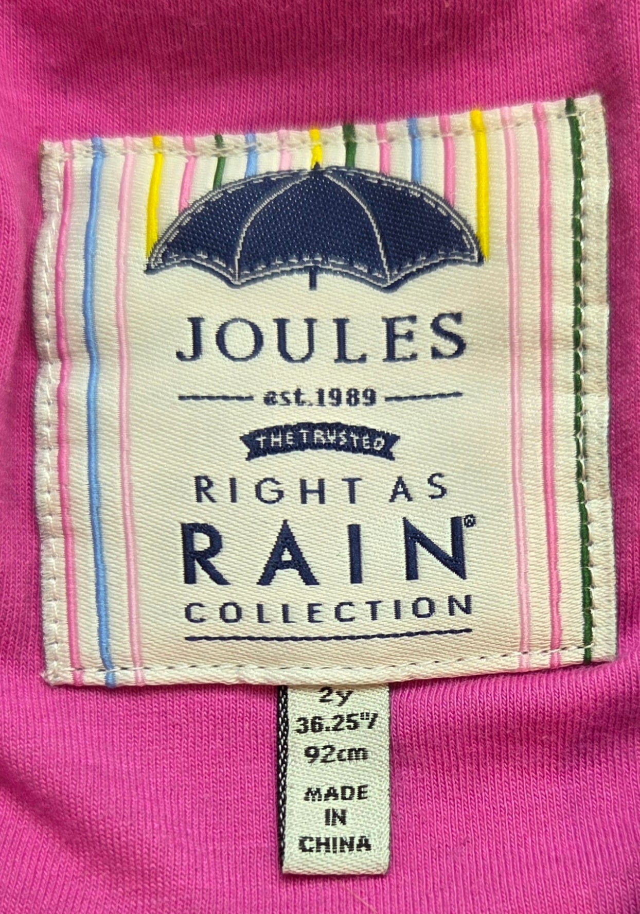 #152 - Joules "Right As Rain" Raincoat, Rabbits with Pink Zipper, Girls Size 2Y