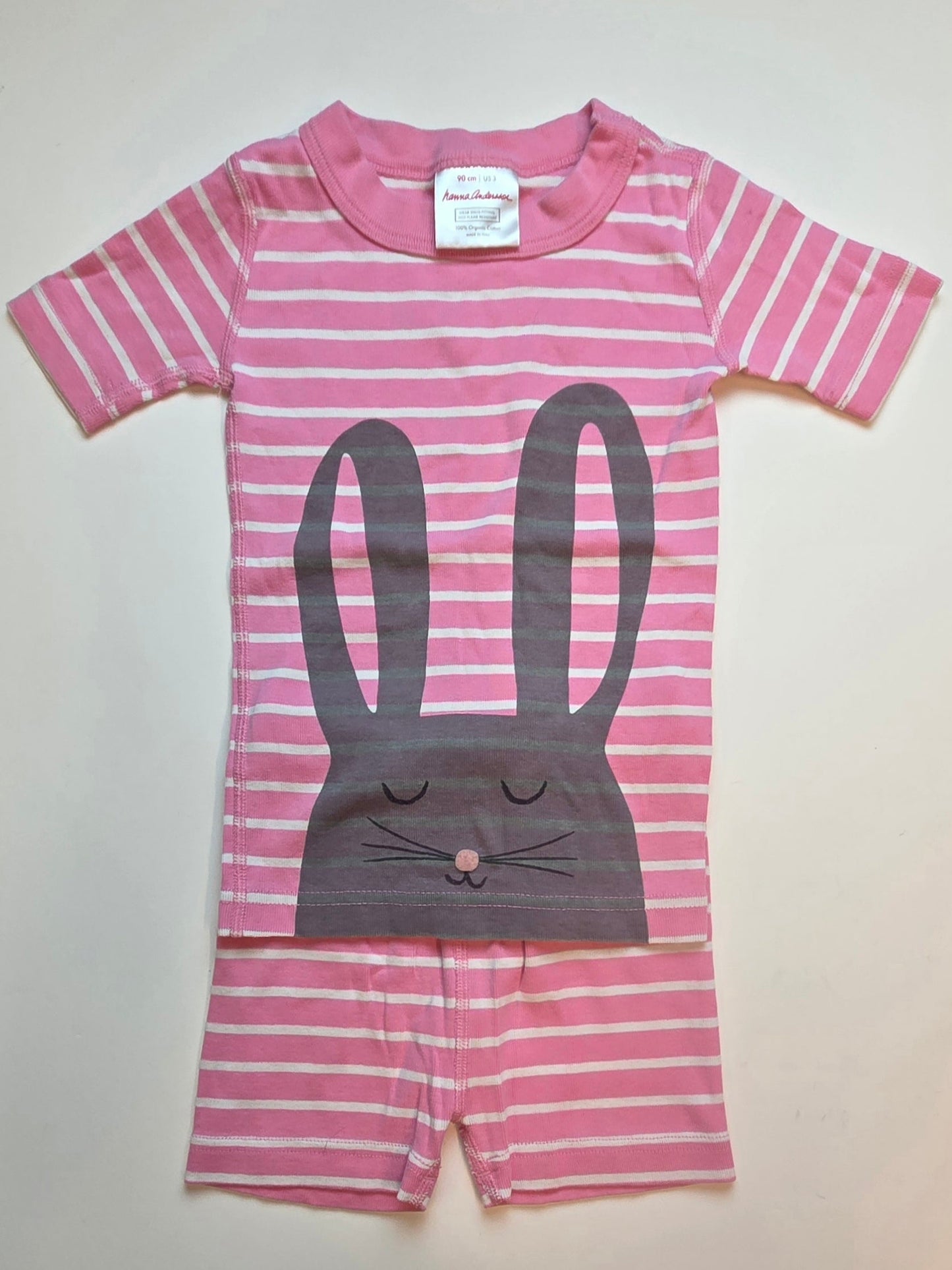 #152 - PRICE REDUCED Hanna Andersson Pink/White Stripe Bunny Short John Pajamas, Girls Size 3T, EUC