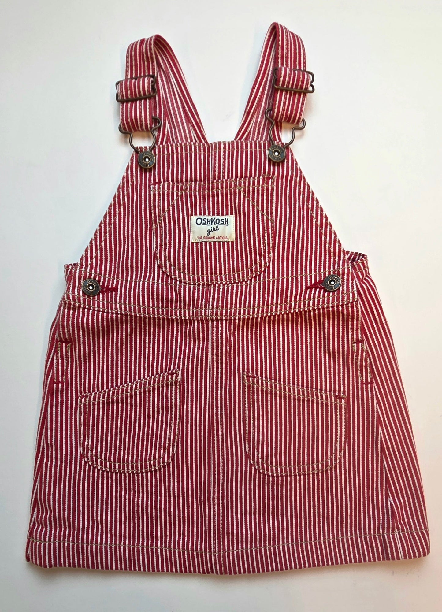 #152 -  OshKosh Red/White Railroad Strip Jumper, Size 24m, EUC