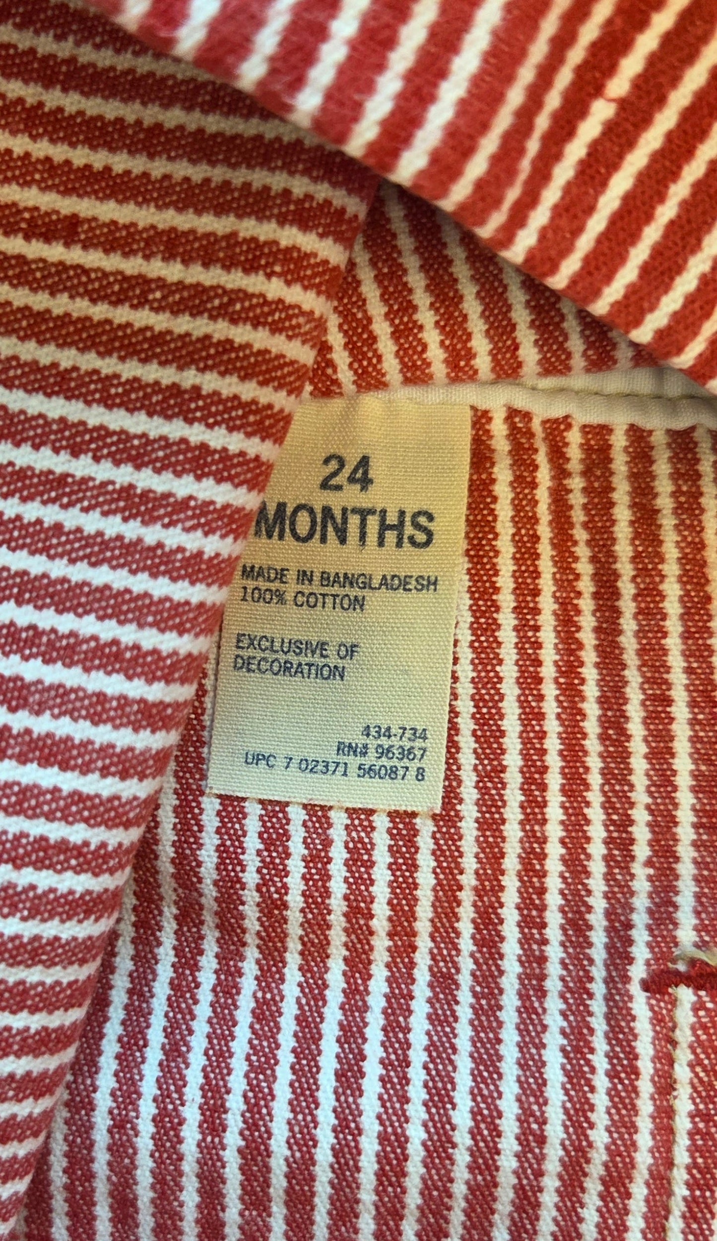 #152 -  OshKosh Red/White Railroad Strip Jumper, Size 24m, EUC