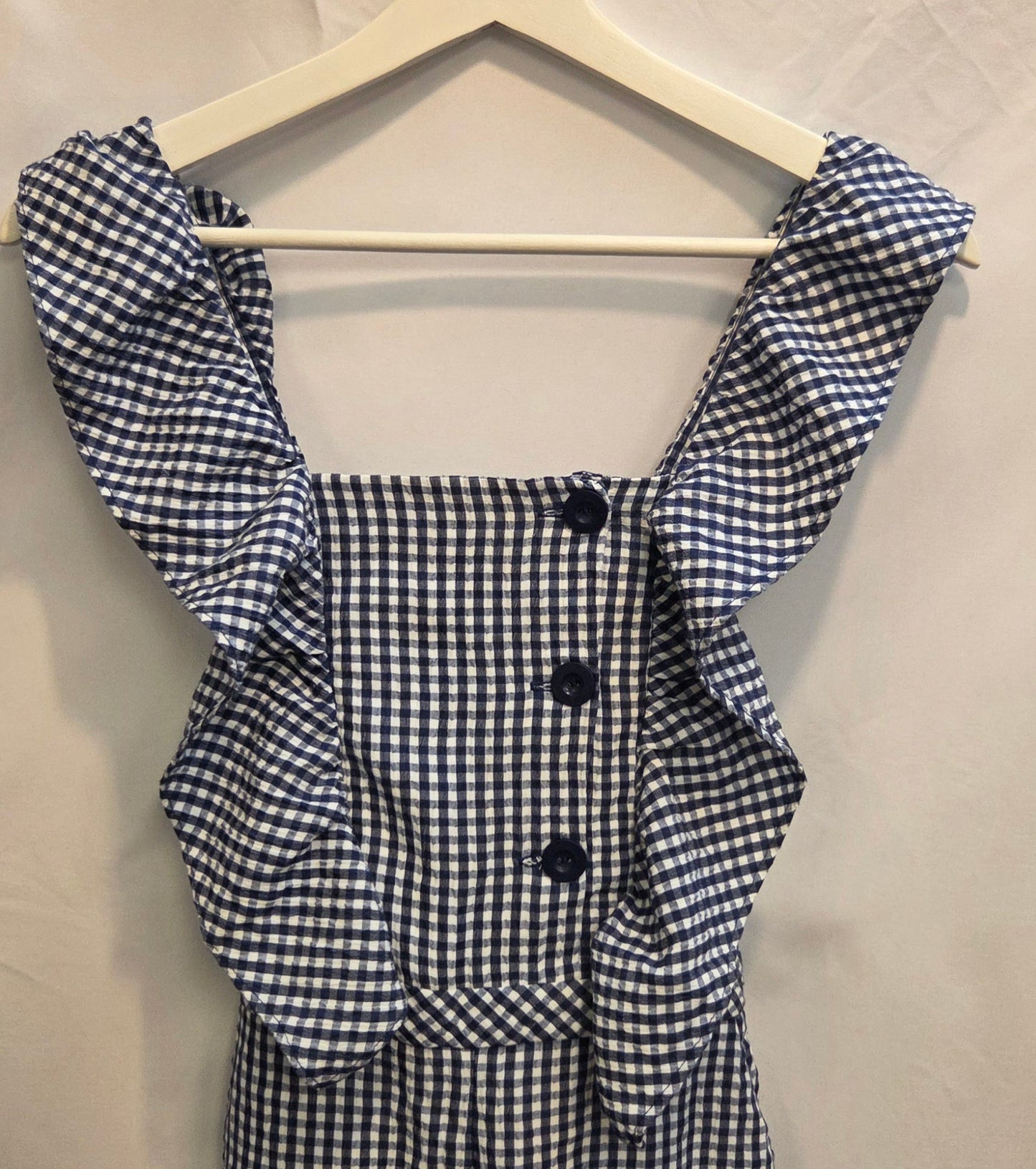 #152 - Zara Blue/White Gingham Ruffled Overall/Sleeveless Romper, Girls Size 11-12, EUC