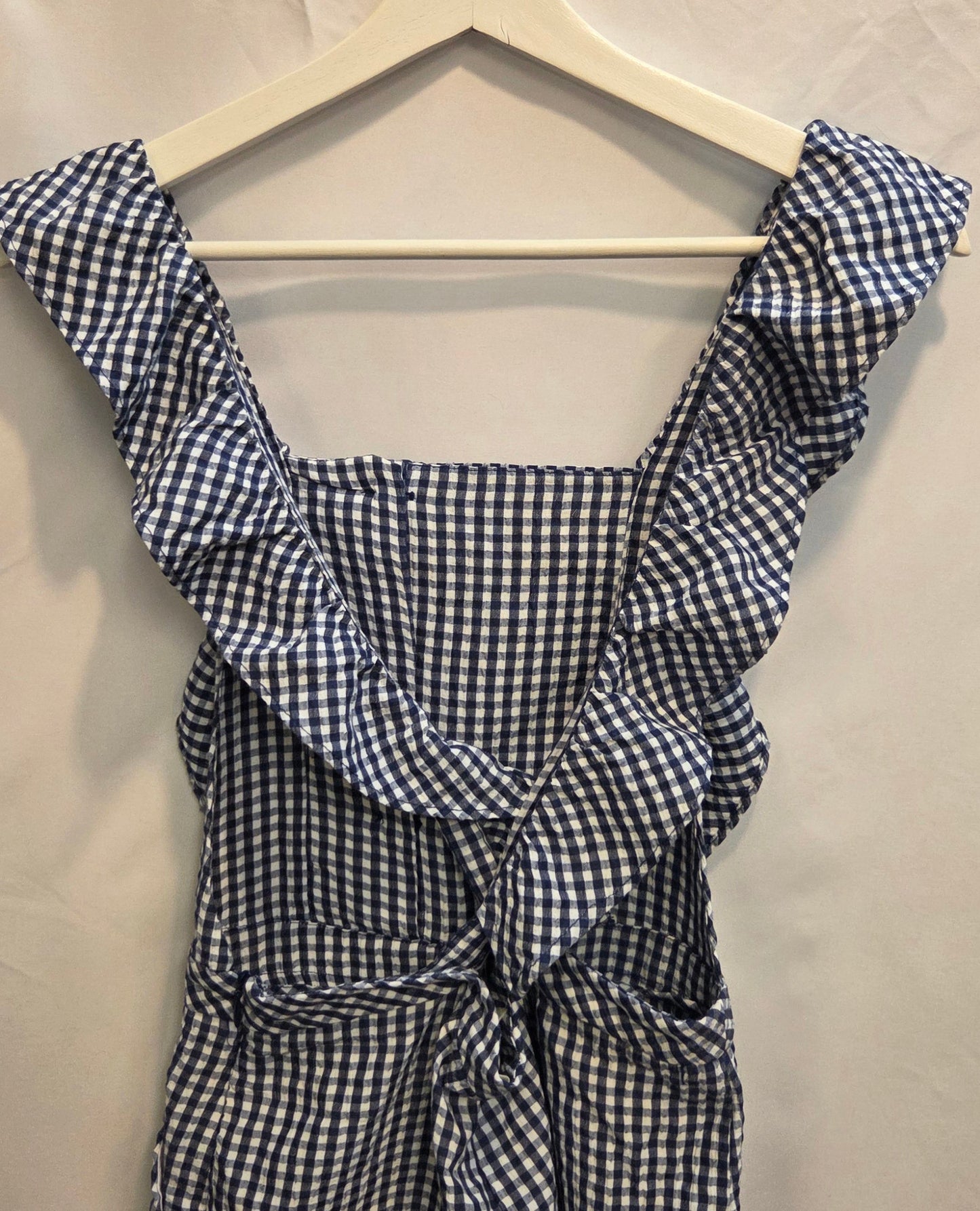 #152 - Zara Blue/White Gingham Ruffled Overall/Sleeveless Romper, Girls Size 11-12, EUC