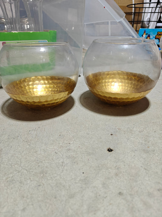 #7 Glass fishbowl vase with gold trim, set of 2