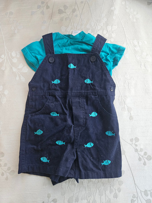 Nursery Rhyme - Fish Overalls + Matching Shirt - 6/9 months