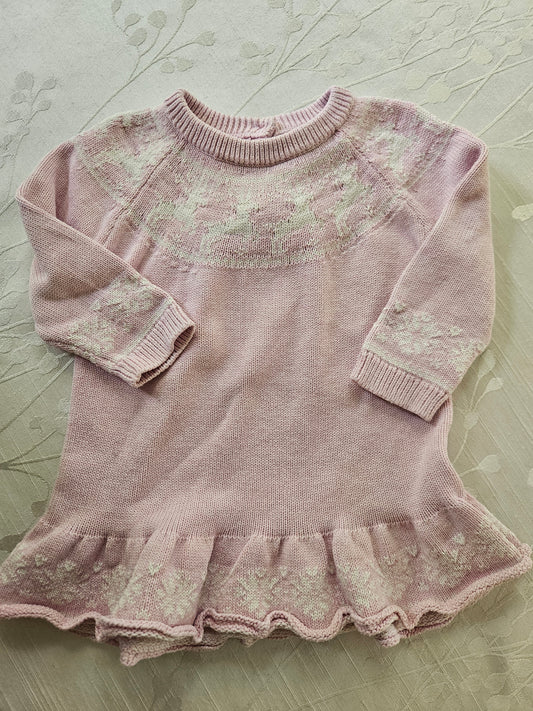 #33A - Girls Baby Gap Pink Reindeer Sweater Dress - 6-12 months - VGUC