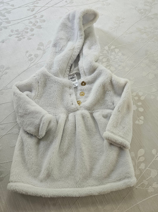 #33A - Girls Carters White Fuzzy Jacket - 12 months - VGUC