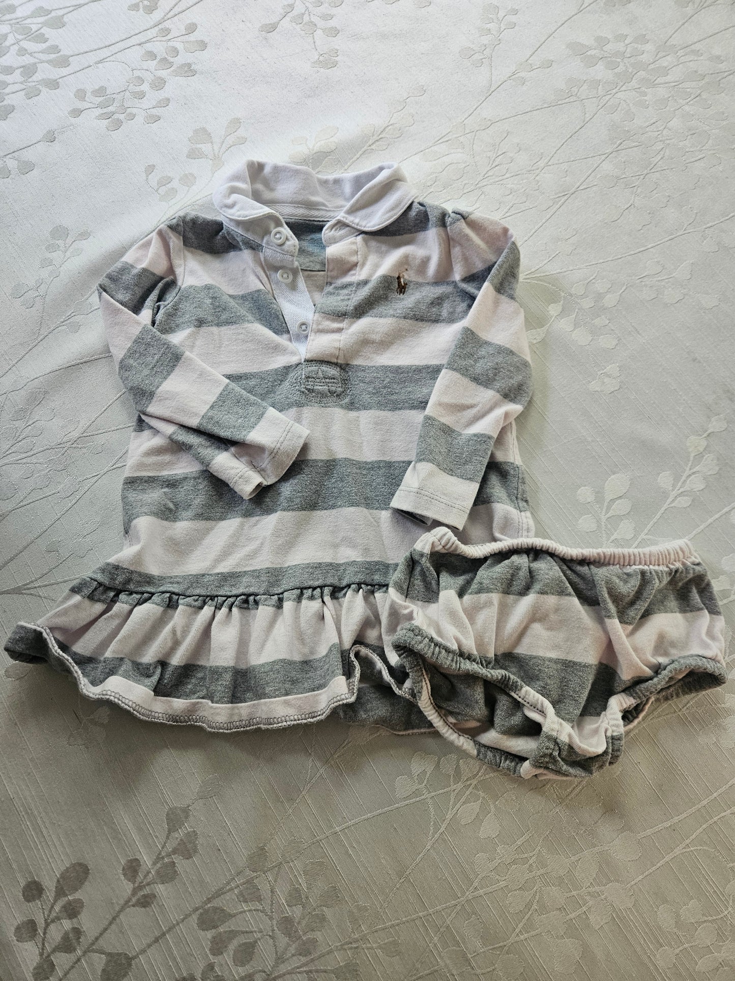 #33A - Girls Ralph Lauren striped long sleeve dress with matching bloomers - Size 12 months - VGUC