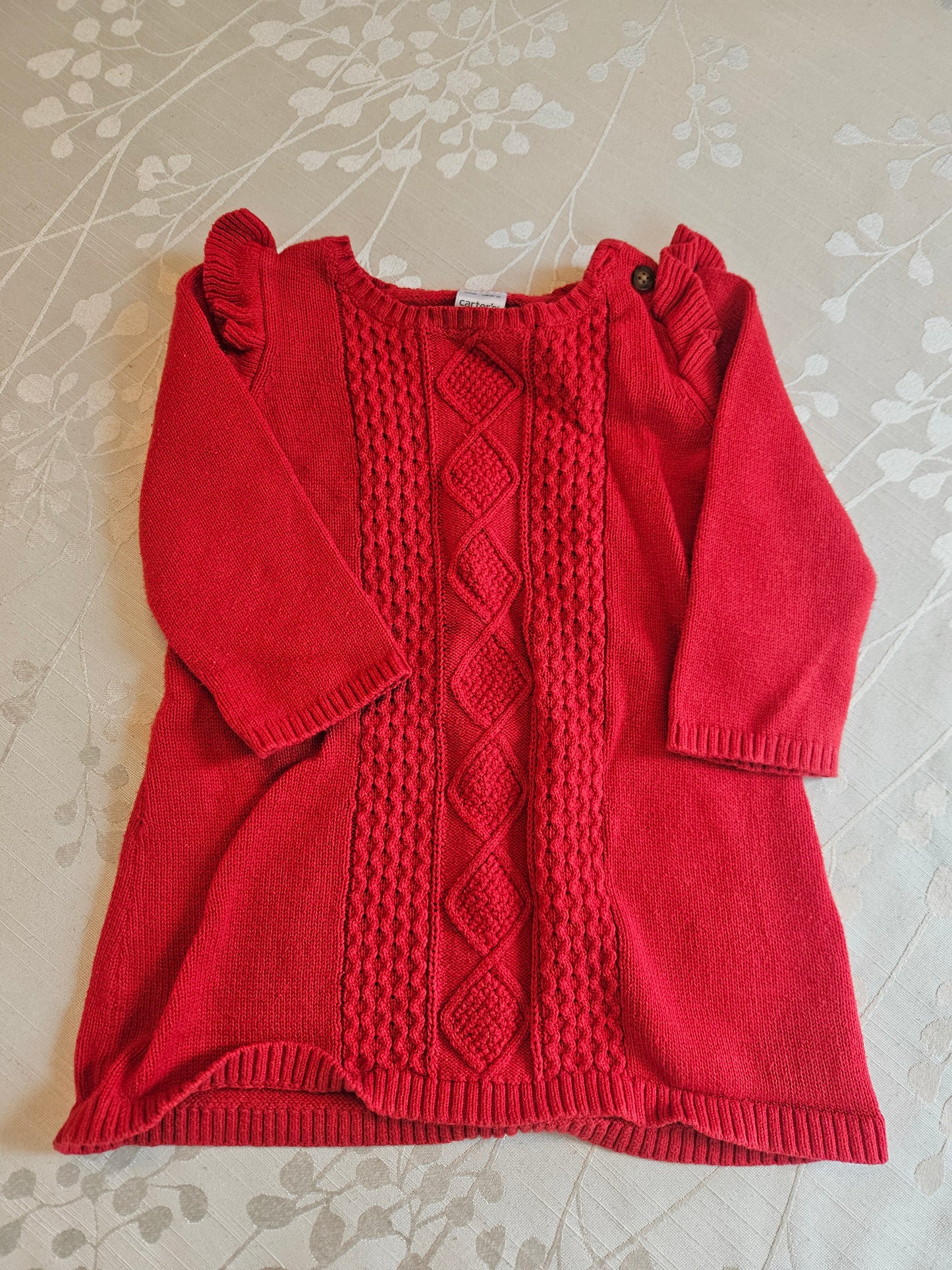 #33A - Girls Carters Red Cable Knit Sweater Dress - 9 months - GUC