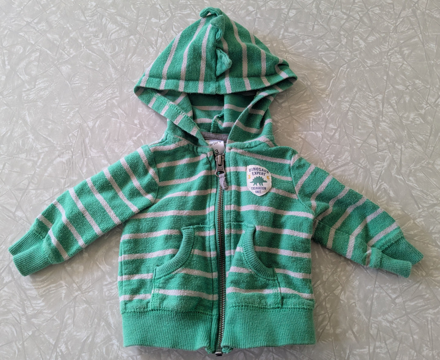 #61 Carter's 3mo Green Stripe Dino Zip Up Jacket
