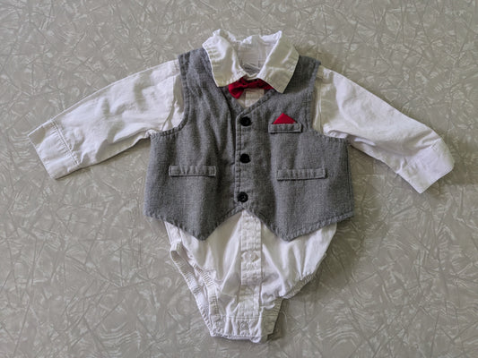 #61 6mo White Dress Shirt with Vest & Bow Tie