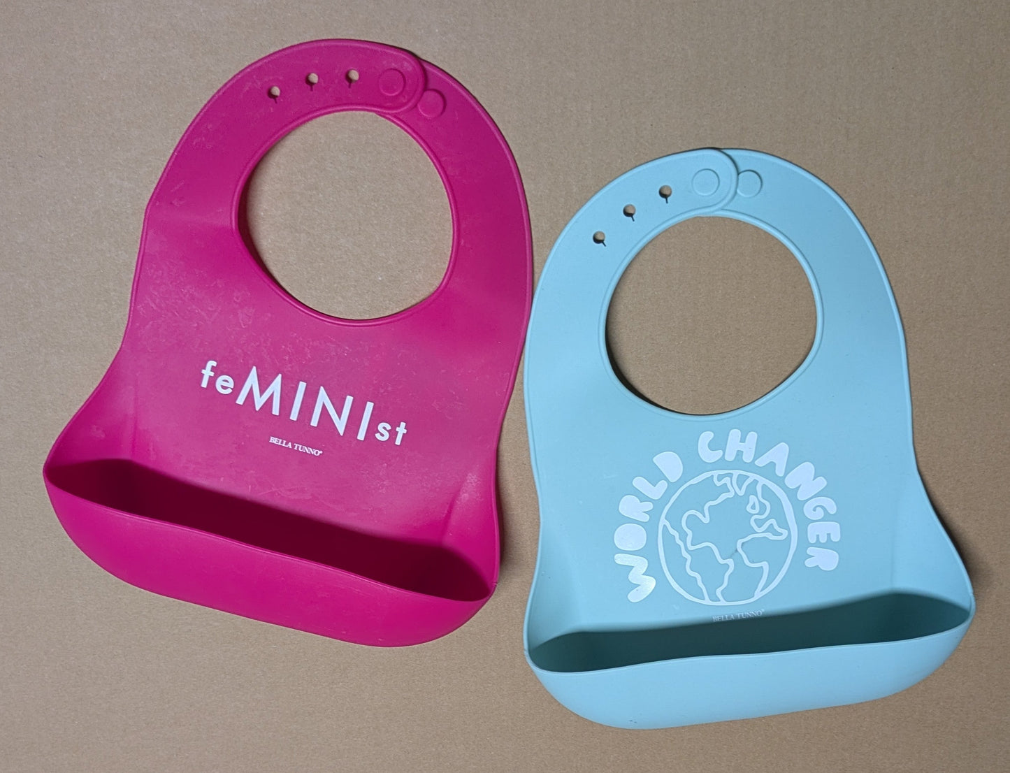 #219 Silicone Bibs, Set of 2 (FeMINIst, World Changer), Bella Tunno brand