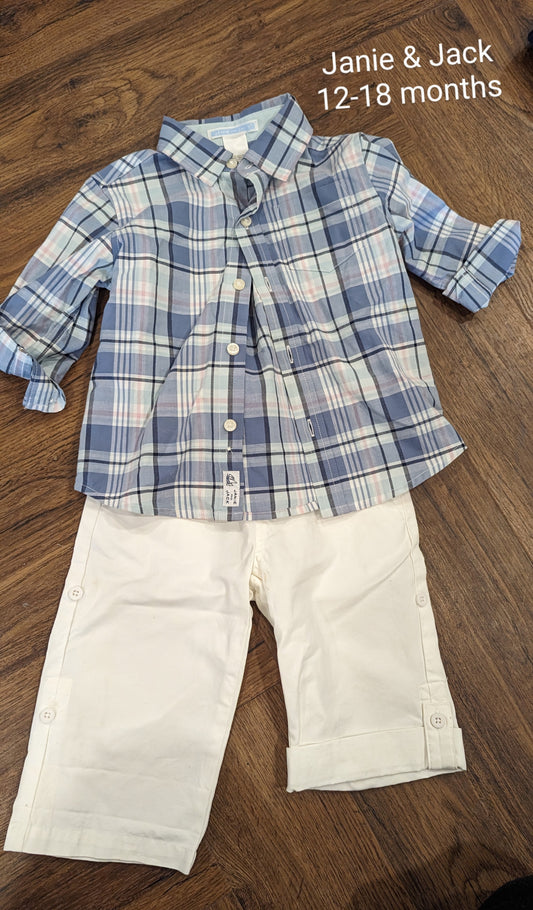 Janie & Jack plaid button up and white pants, 12-18 months, NWOT