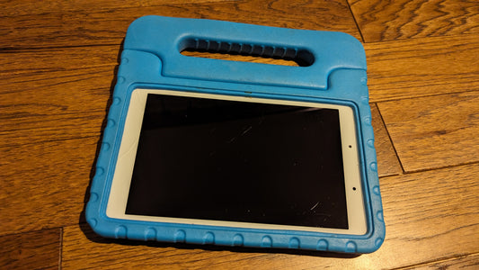 Samsung Galaxy Tab A, 8" tablet with blue foam handle case
